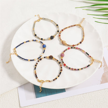 Handmade Geometric Hexagon Gemstone Bracelet for Women - Genuine Gold Plated Copper with Lapis Lazuli, Black Onyx, Tiger Eye, Tourmaline & Natural Stones