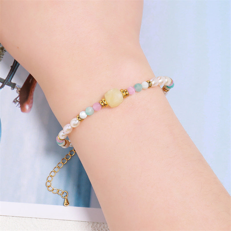 Handmade Irregular Asymmetrical Geometric Bracelet - Mixed Natural Stone, Pearl & Stainless Steel, Korean Style Sweet Fresh Gold Plated Women's Jewelr