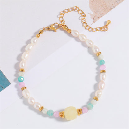 Handmade Irregular Asymmetrical Geometric Bracelet - Mixed Natural Stone, Pearl & Stainless Steel, Korean Style Sweet Fresh Gold Plated Women's Jewelr