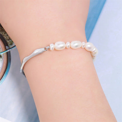 Handmade Irregular Geometric Copper & Natural Pearl Bracelet - White K Gold Plated, Light Luxury Style, 10.5g Women's Fashion Jewelry for Employee Gifts