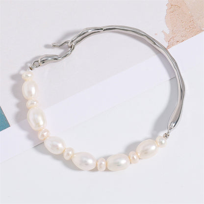 Handmade Irregular Geometric Copper & Natural Pearl Bracelet - White K Gold Plated, Light Luxury Style, 10.5g Women's Fashion Jewelry for Employee Gifts