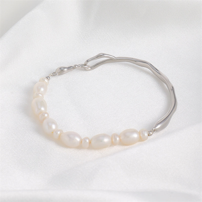 Handmade Irregular Geometric Copper & Natural Pearl Bracelet - White K Gold Plated, Light Luxury Style, 10.5g Women's Fashion Jewelry for Employee Gifts