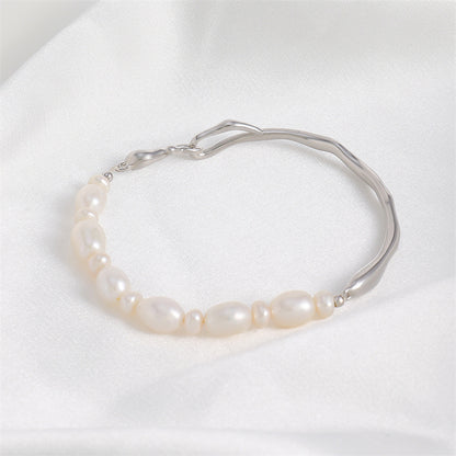 Handmade Irregular Geometric Copper & Natural Pearl Bracelet - White K Gold Plated, Light Luxury Style, 10.5g Women's Fashion Jewelry for Employee Gifts