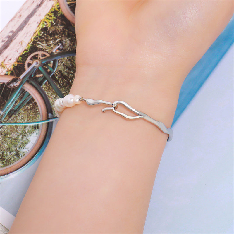 Handmade Irregular Geometric Copper & Natural Pearl Bracelet - White K Gold Plated, Light Luxury Style, 10.5g Women's Fashion Jewelry for Employee Gifts