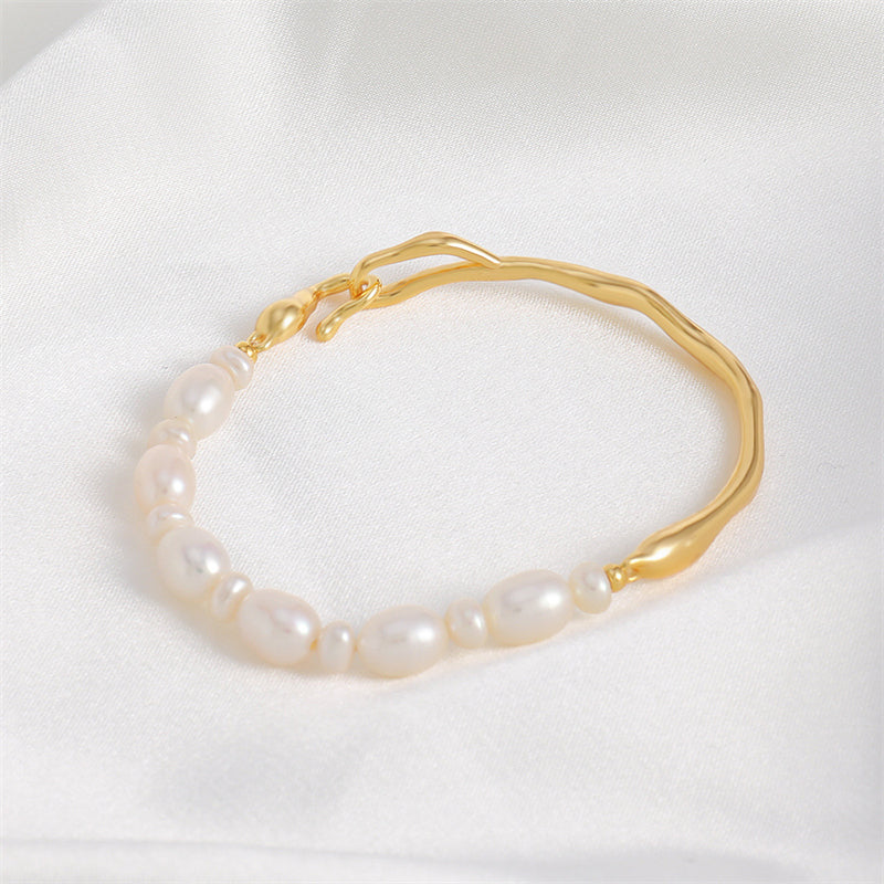 Handmade Irregular Geometric Natural Pearl Bracelet - Genuine Gold Plated Copper Light Luxury Women's Jewelry 10.6g