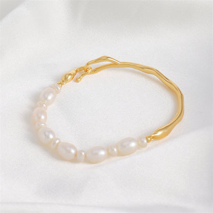 Handmade Irregular Geometric Natural Pearl Bracelet - Genuine Gold Plated Copper Light Luxury Women's Jewelry 10.6g