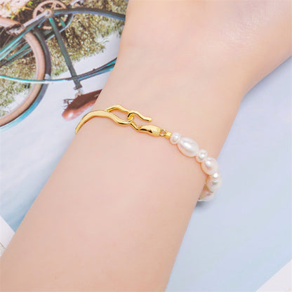 Handmade Irregular Geometric Natural Pearl Bracelet - Genuine Gold Plated Copper Light Luxury Women's Jewelry 10.6g