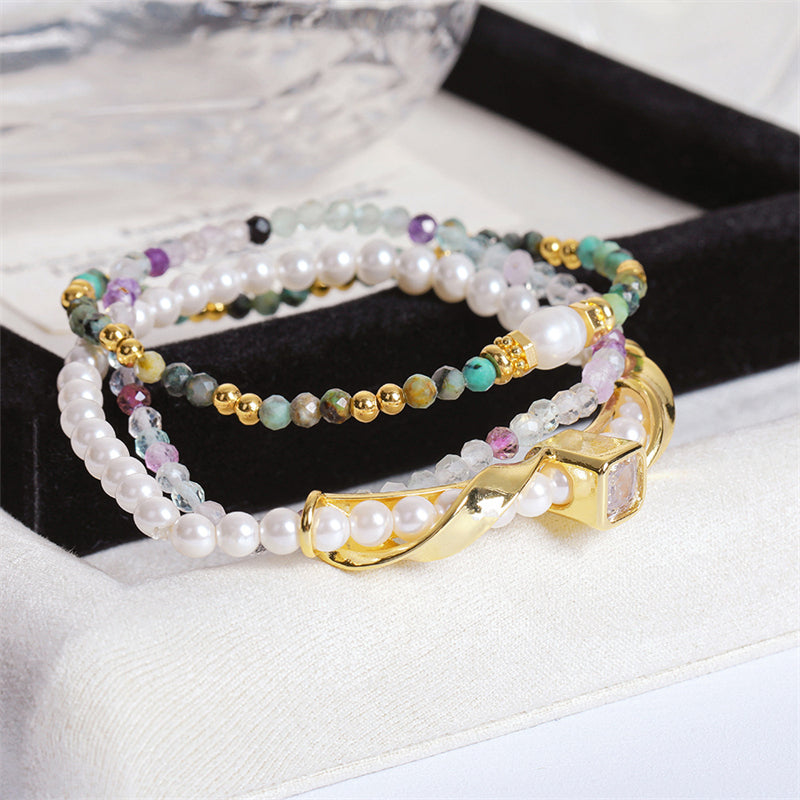 Handmade Square Geometric Vintage Bracelet Set - Zircon, Fluorite, African Turquoise, Glass Beads & Copper Electroplated Jewelry