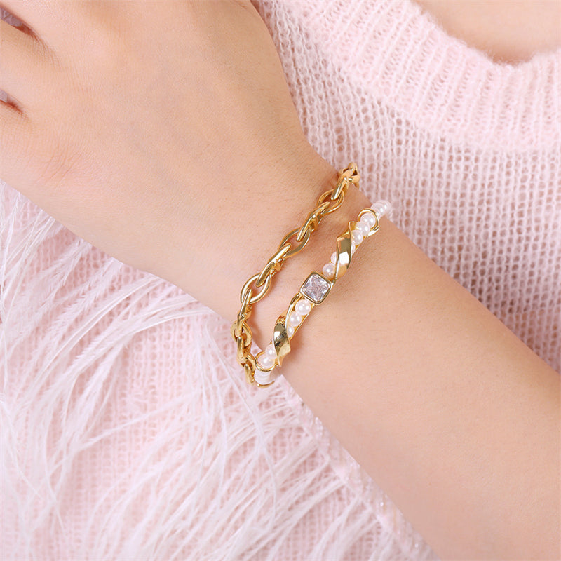 Handmade Square Geometric Vintage Bracelet Set - Zircon, Fluorite, African Turquoise, Glass Beads & Copper Electroplated Jewelry