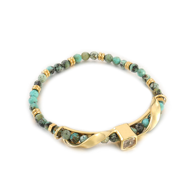 Handmade Square Geometric Vintage Bracelet Set - Zircon, Fluorite, African Turquoise, Glass Beads & Copper Electroplated Jewelry