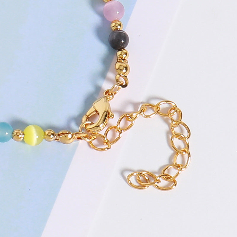 Handmade Stainless Steel Cat's Eye Geometric Circle Bracelet - Genuine Gold Plated Adjustable Women's Jewelry