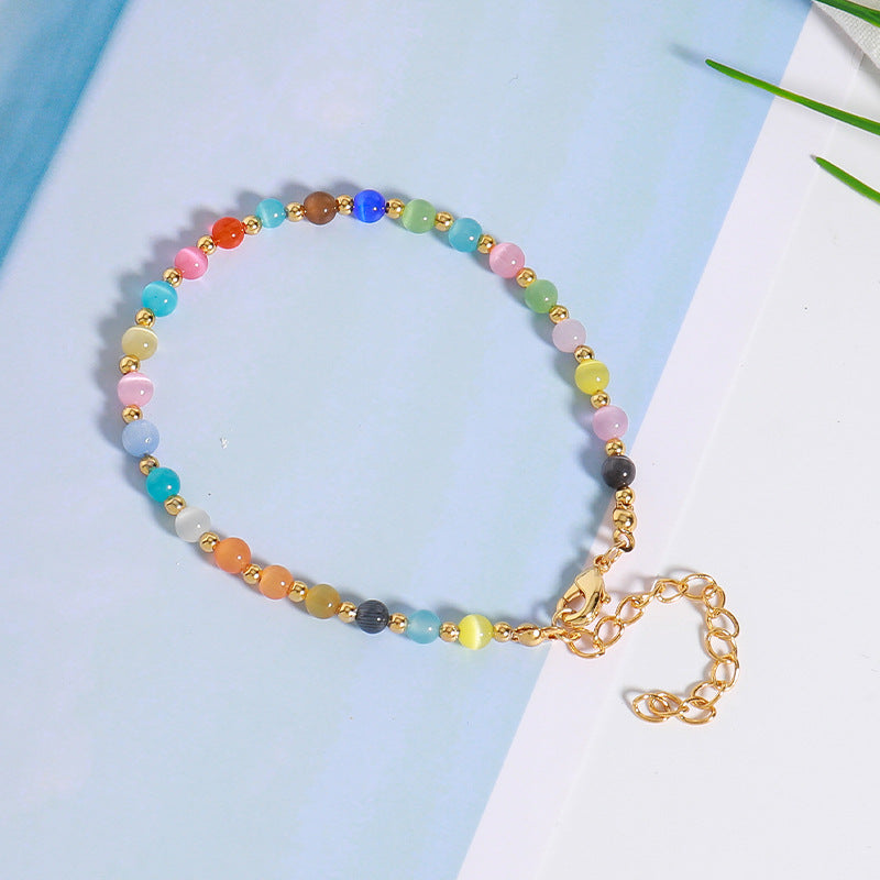 Handmade Stainless Steel Cat's Eye Geometric Circle Bracelet - Genuine Gold Plated Adjustable Women's Jewelry