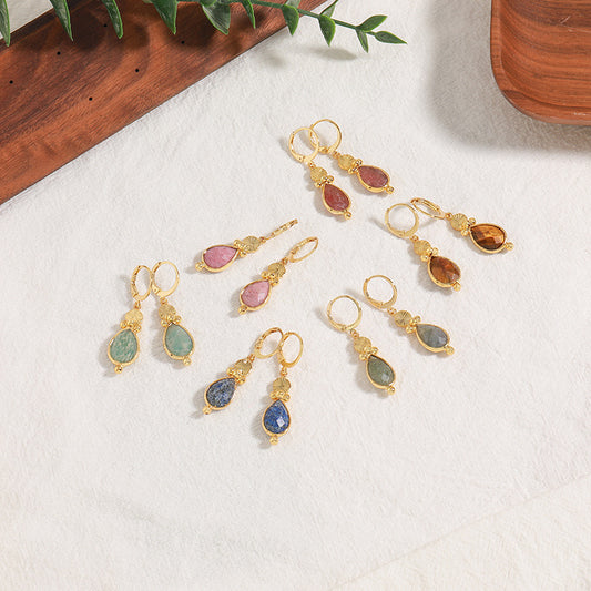Handmade Teardrop Natural Stone Earrings in Vacuum Gold - Chinese Style Bohemian Retro Earrings for Women