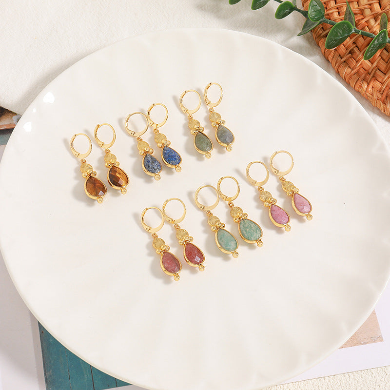 Handmade Teardrop Natural Stone Earrings in Vacuum Gold - Chinese Style Bohemian Retro Earrings for Women