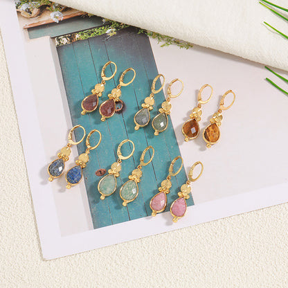 Handmade Teardrop Natural Stone Earrings in Vacuum Gold - Chinese Style Bohemian Retro Earrings for Women