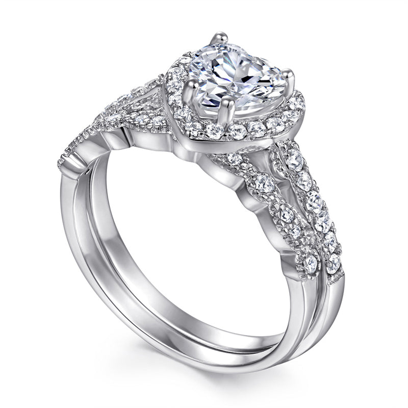 Heart-Shaped 925 Silver Ring Set - Romantic Zirconia Bridal Stack