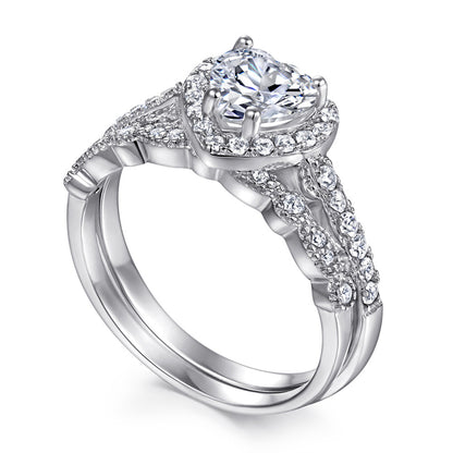 Heart-Shaped 925 Silver Ring Set - Romantic Zirconia Bridal Stack