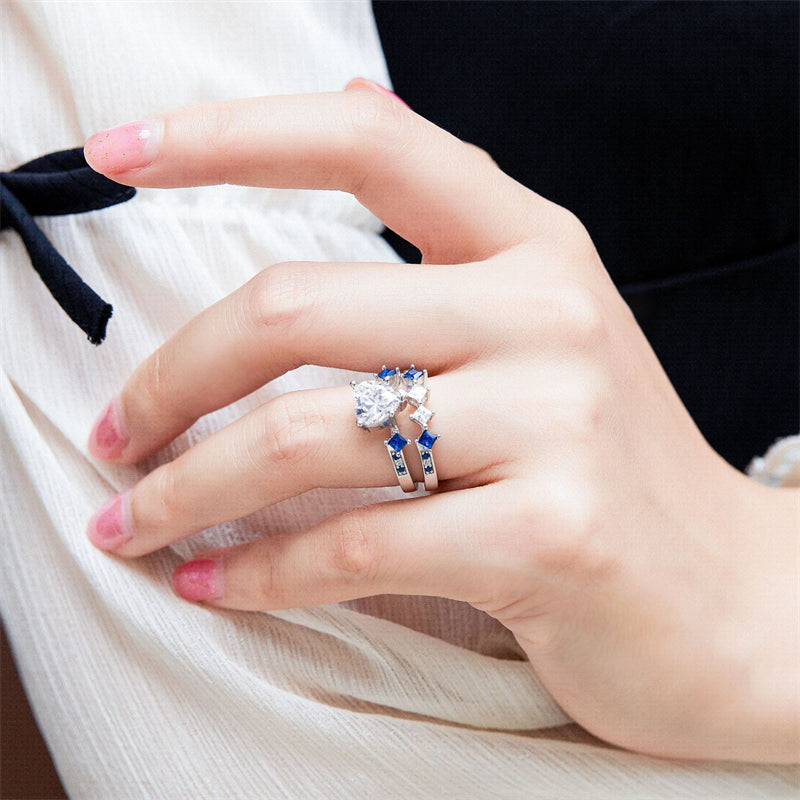 Heart-Shaped Blue Zirconia 925 Silver Ring Set - Modern Stackable Jewelry