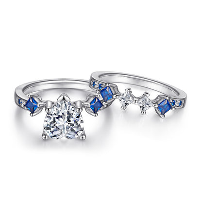 Heart-Shaped Blue Zirconia 925 Silver Ring Set - Modern Stackable Jewelry