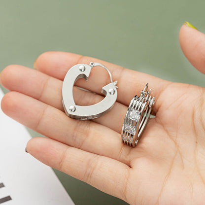 Heart, Peach & Rectangle 925 Silver Earrings with White Zircon - 18K Gold Plated Geometric Design for Women