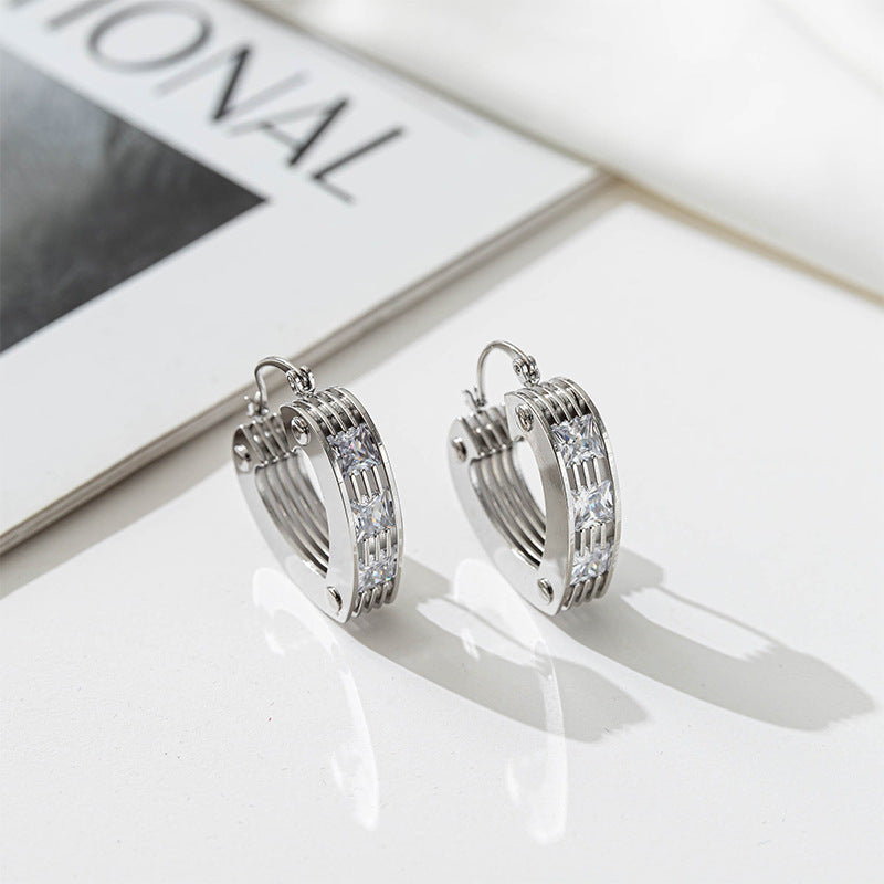 Heart, Peach & Rectangle 925 Silver Earrings with White Zircon - 18K Gold Plated Geometric Design for Women