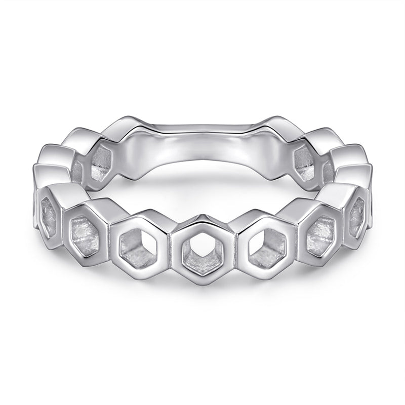 Hexagonal Honeycomb 925 Silver Ring - Geometric Openwork Band in Three Finishes