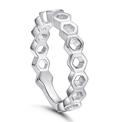 Hexagonal Honeycomb 925 Silver Ring - Geometric Openwork Band in Three Finishes