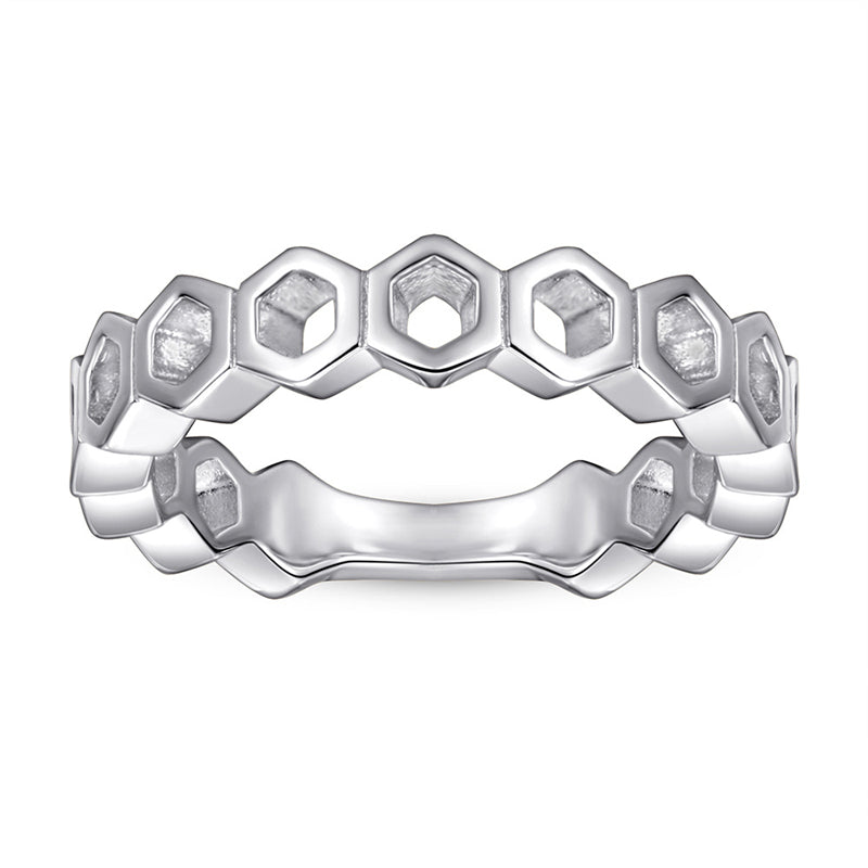 Hexagonal Honeycomb 925 Silver Ring - Geometric Openwork Band in Three Finishes