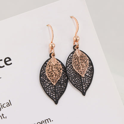 Black Copper Leaf Dangle Earrings, Vintage Nature-Inspired Jewelry