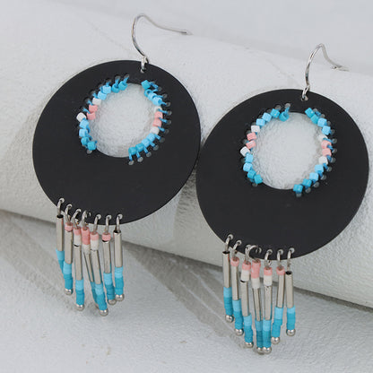 Ethnic Black Copper Asymmetrical Earrings with Tassels