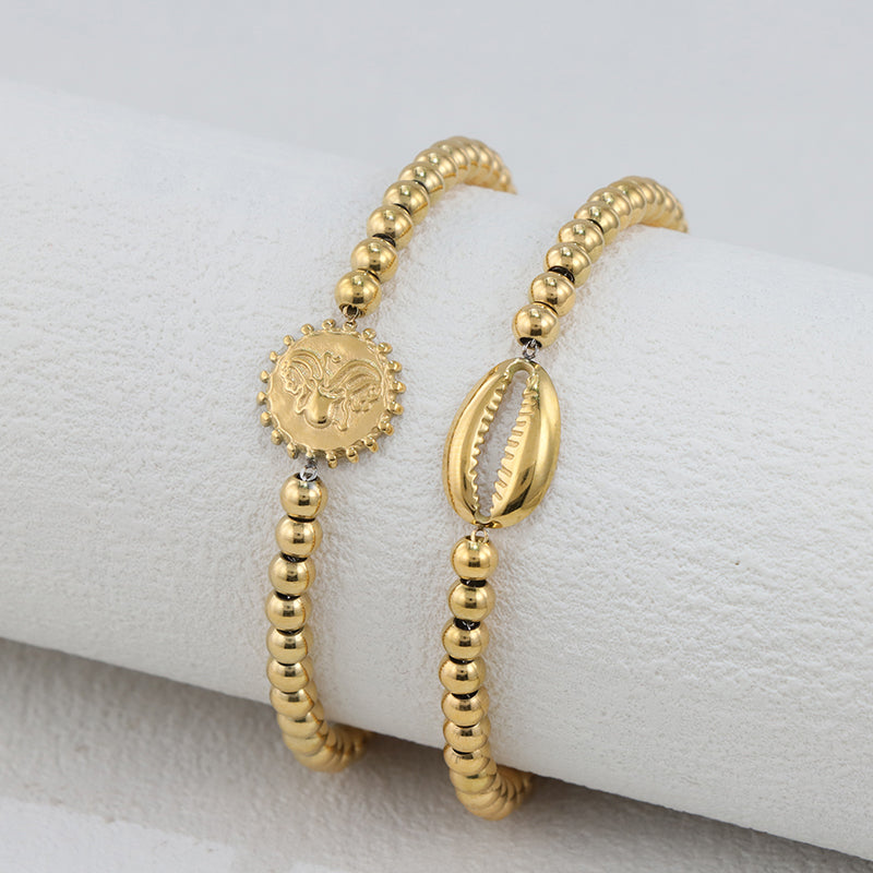 Gold Beaded Bracelet with Shell Charms - Stainless Steel Traditional Prayer Jewelry for Men & Women