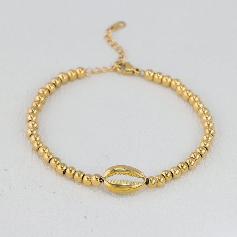 Gold Beaded Bracelet with Shell Charms - Stainless Steel Traditional Prayer Jewelry for Men & Women