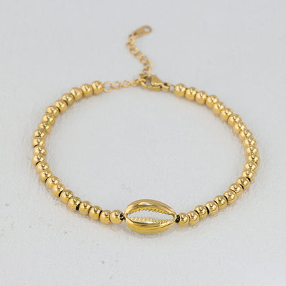 Gold Beaded Bracelet with Shell Charms - Stainless Steel Traditional Prayer Jewelry for Men & Women