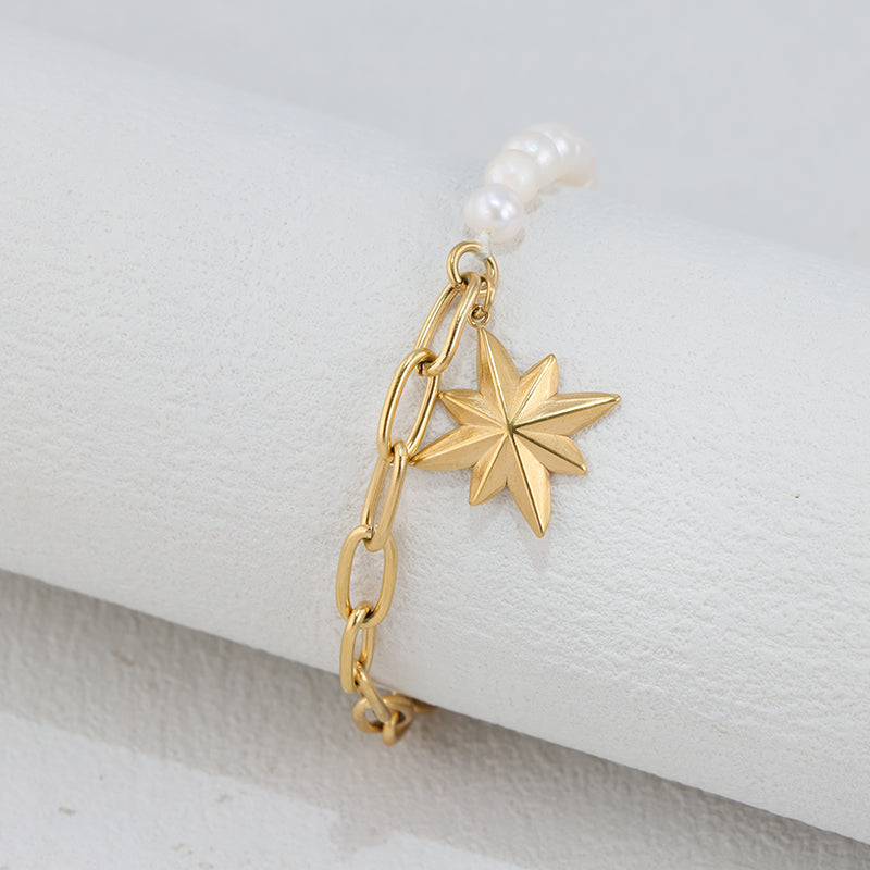 Gold Octagram Star Bracelet - Stainless Steel & Pearl Celestial Jewelry for Women