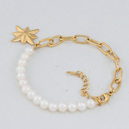 Gold Octagram Star Bracelet - Stainless Steel & Pearl Celestial Jewelry for Women