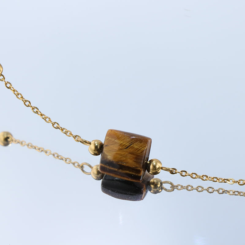 Elegant Golden Stainless Steel O Chain Necklace with Tiger Eye Accents