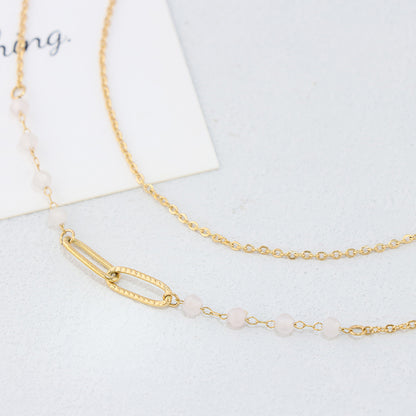 Gold Stainless Steel O Chain Necklace - Vintage Style with Pink Jade
