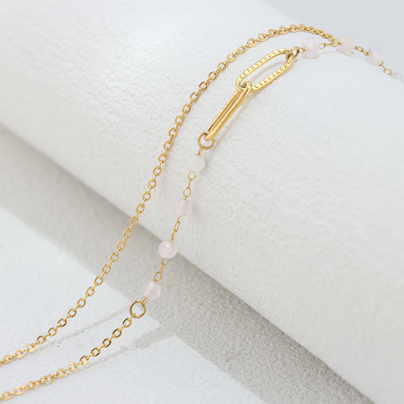 Gold Stainless Steel O Chain Necklace - Vintage Style with Pink Jade