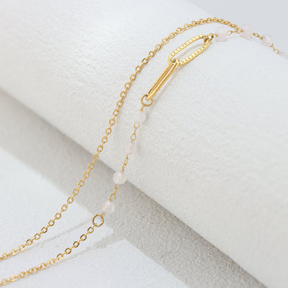 Gold Stainless Steel O Chain Necklace - Vintage Style with Pink Jade