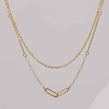 Gold Stainless Steel O Chain Necklace - Vintage Style with Pink Jade