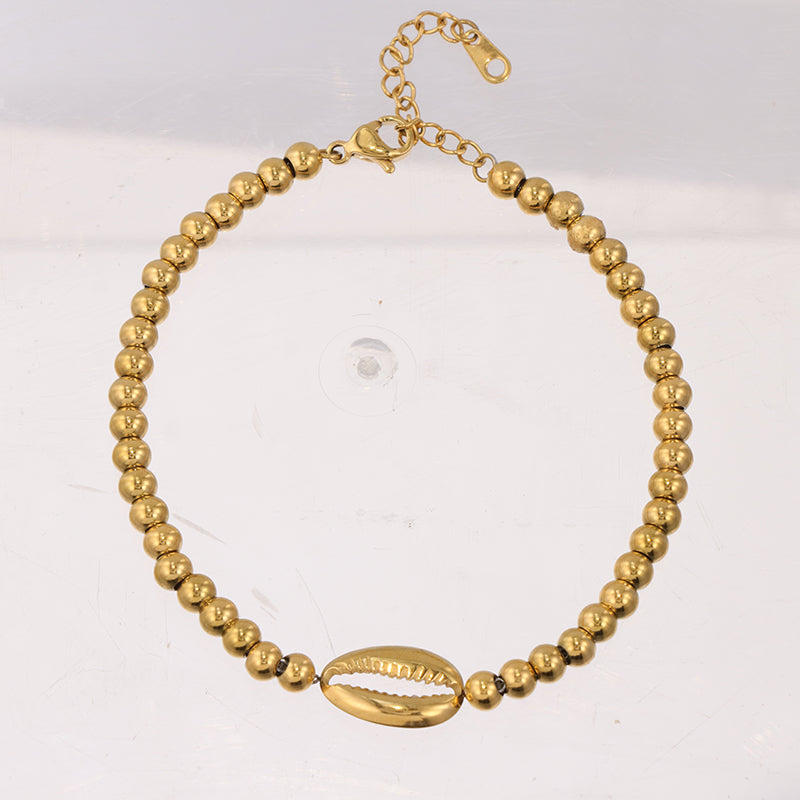 Gold Beaded Bracelet with Shell Charms - Stainless Steel Traditional Prayer Jewelry for Men & Women