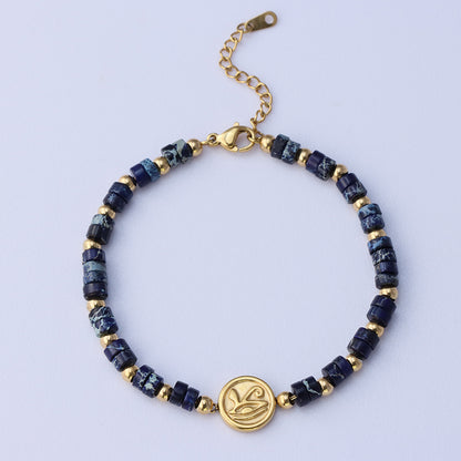 Blue Lapis Lazuli Beaded Bracelet - Gold Accented Stainless Steel Statement Jewelry
