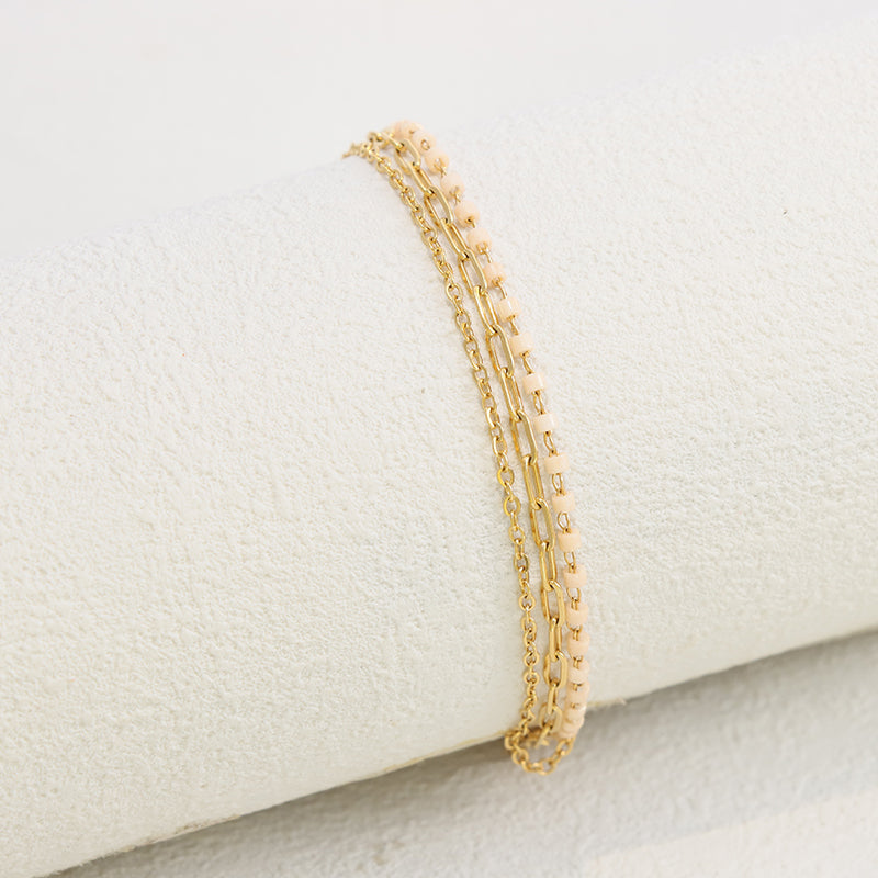 Delicate Pink Beaded Bracelet - Stainless Steel Curb & O-Link Chain Jewelry