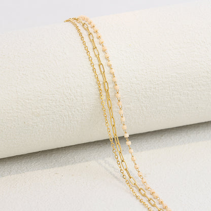 Delicate Pink Beaded Bracelet - Stainless Steel Curb & O-Link Chain Jewelry