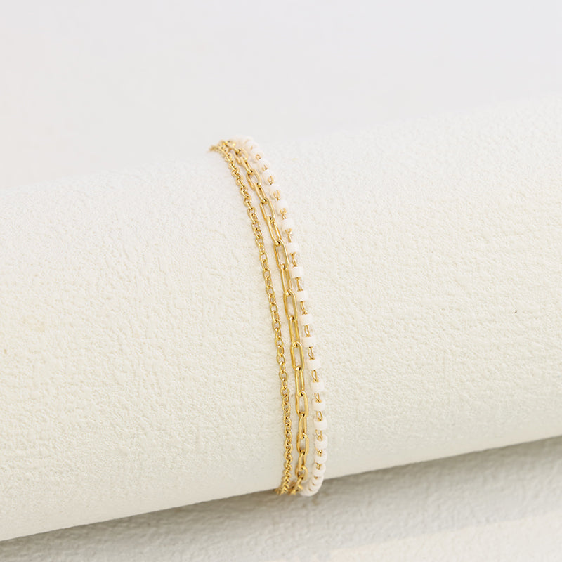 White Beaded Bracelet - Stainless Steel Delicate Chain Jewelry for Women