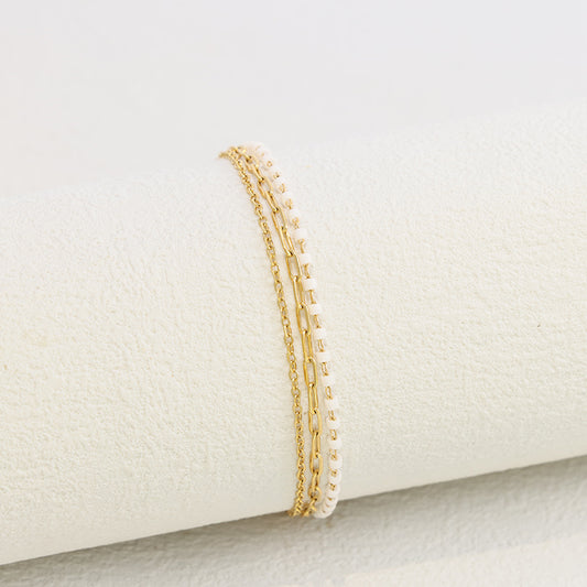 White Beaded Bracelet - Stainless Steel Delicate Chain Jewelry for Women