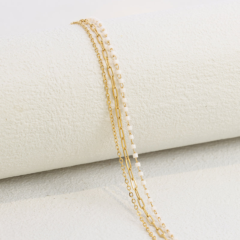 White Beaded Bracelet - Stainless Steel Delicate Chain Jewelry for Women