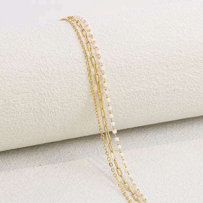 White Beaded Bracelet - Stainless Steel Delicate Chain Jewelry for Women