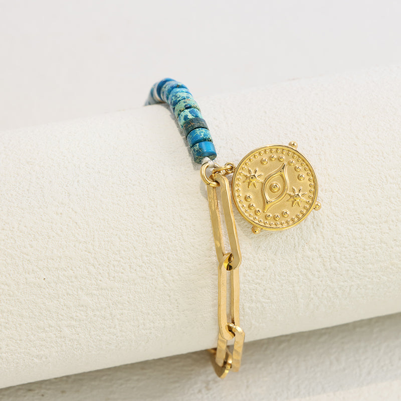 Blue Lapis Lazuli Evil Eye Bracelet - Stainless Steel Curb Chain Women's Jewelry