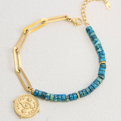 Blue Lapis Lazuli Evil Eye Bracelet - Stainless Steel Curb Chain Women's Jewelry